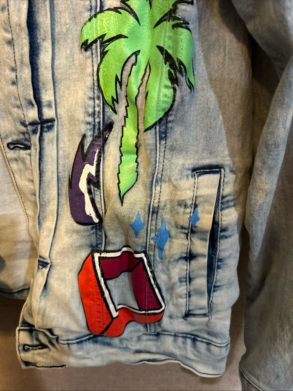 REASON Light Wash Denim Jacket with Multicolor Patches - Picture 10 of 10